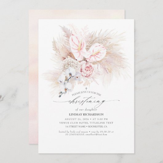 Pink Anthurium and Pampas Grass Floral Christening Kaart (Voorkant / Achterkant)
