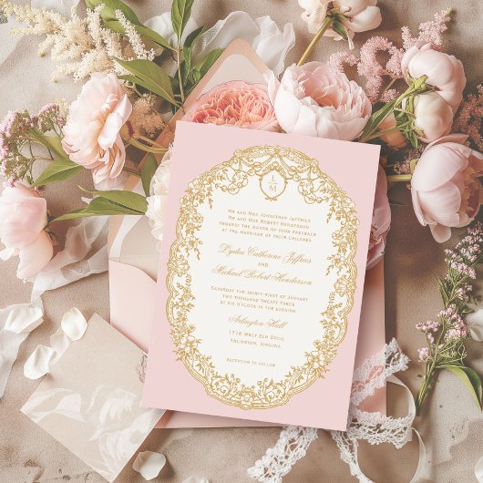 Pink Antique Paris Monogram Invitation Kaart