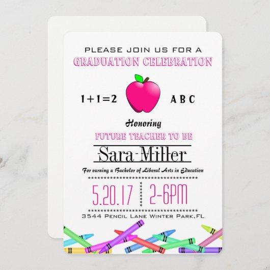 Pink Apple Teacher Afstuderen Invitation Kaart (Voorkant / Achterkant)