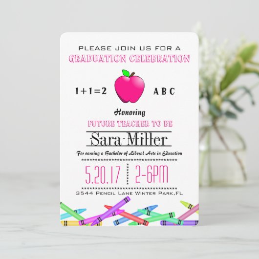 Pink Apple Teacher Afstuderen Invitation Kaart (Staand voorkant)