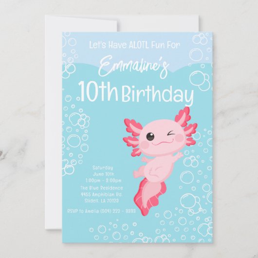 Pink Aqua Axolotl 10th Birthday Party Kaart (Voorkant)
