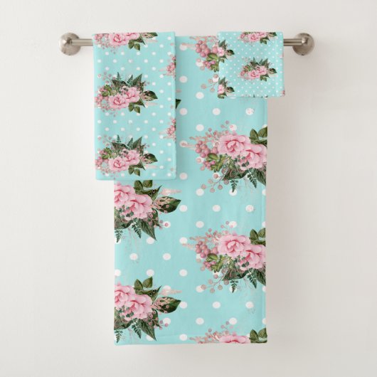 PINK AQUA BLUE FLORAL SPOT BATHROOM TOWEL SET BAD HANDDOEK (Insitu)