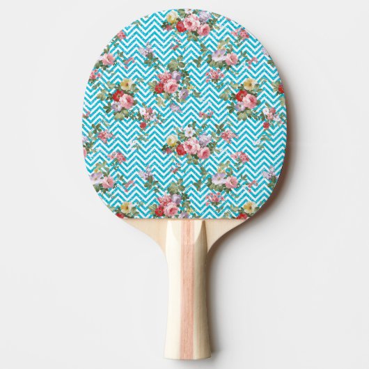 Pink Aqua Floral Chevron Glitter Print Tafeltennisbatje (Voorkant)