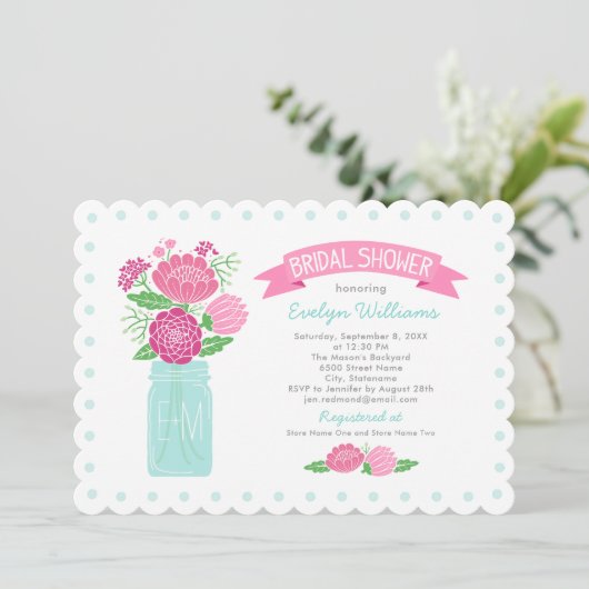  Pink Aqua Floral Mason Jar Vrijgezellenfeest Kaart (Staand voorkant)