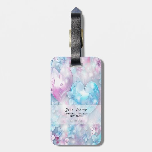 Pink Aqua Hearts and Flowers Bagagelabel (Achterkant verticaal)
