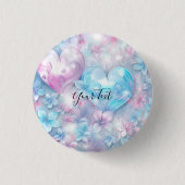 Pink Aqua Hearts and Flowers Button (Voorkant)