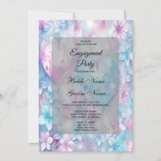 Pink Aqua Hearts and Flowers Verloving Invitation Kaart (Voorkant)