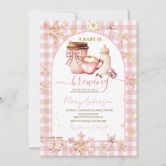 Pink Arch Gingham Baby Is Brewing Baby Shower Kaart (Voorkant)