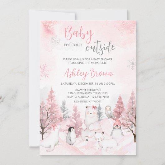 Pink Arctic Animals Baby shower Kaart (Voorkant)