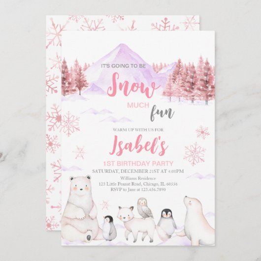 Pink Arctic Animals Birthday Kaart (Voorkant / Achterkant)