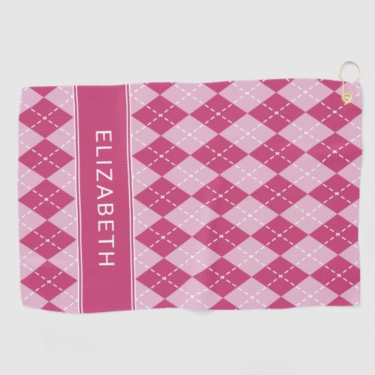 Pink Argyle Plaid Custom Monogram Name Classic Golfhanddoek (Horizontaal)
