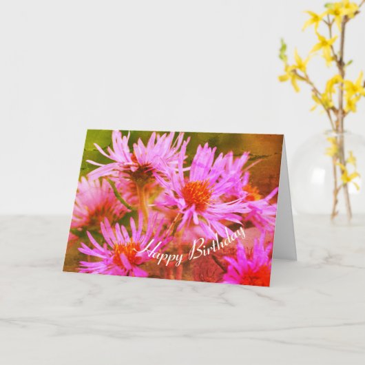 Pink Asters Flower Art Birthday Kaart (Gele Bloem)