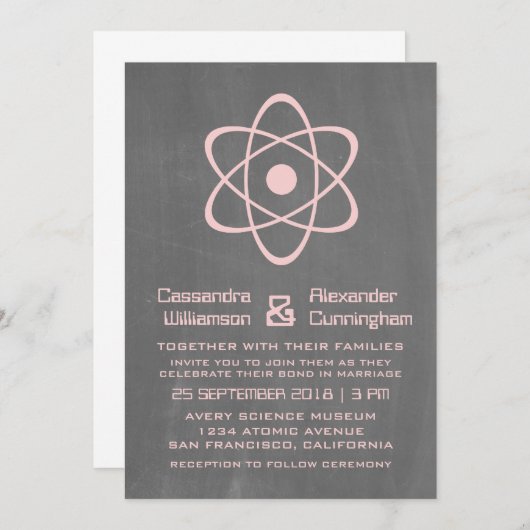 Pink Atomic Chalkboard Wedding Invite Kaart (Voorkant / Achterkant)