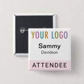 Pink Attendee Name Badge met Logo Pinback Square Vierkante Button 5,1 Cm (Voorkant /achterkant)
