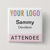 Pink Attendee Name Badge met Logo Pinback Square Vierkante Button 5,1 Cm (Voorkant)
