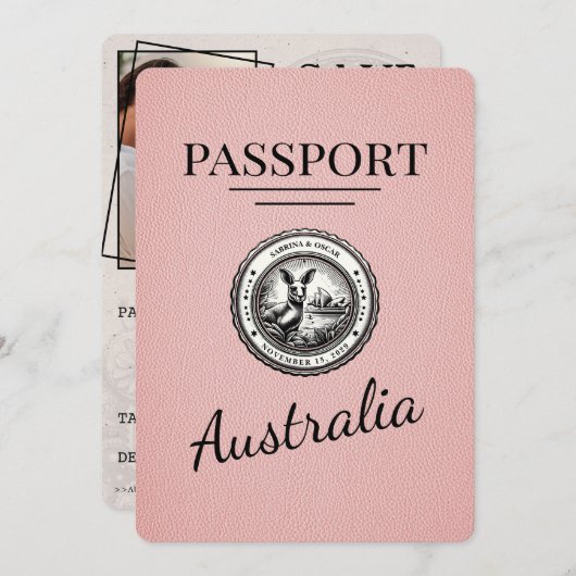 Pink Australia Passport Bewaar de datum Save The Date (Voorkant / Achterkant)