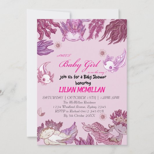 PINK AXOLOTL Baby shower Invitation Girl Kaart (Voorkant)