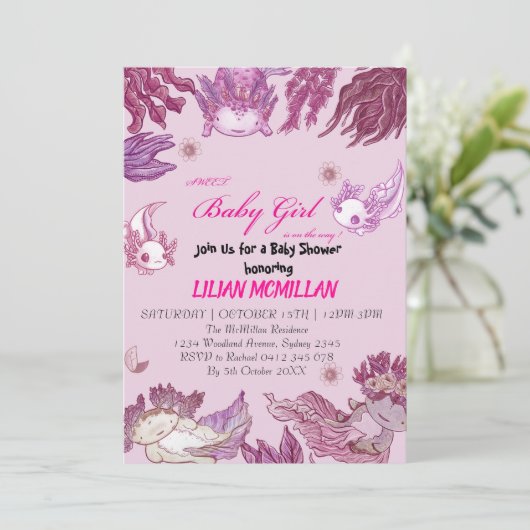 PINK AXOLOTL Baby shower Invitation Girl Kaart (Staand voorkant)