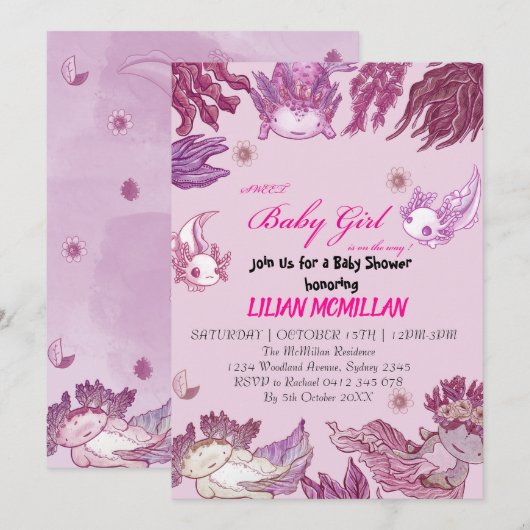 PINK AXOLOTL Baby shower Invitation Girl Kaart (Voorkant / Achterkant)