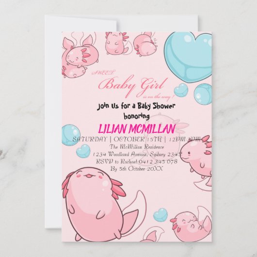PINK AXOLOTL Baby shower Invitation Girl Kaart (Voorkant)