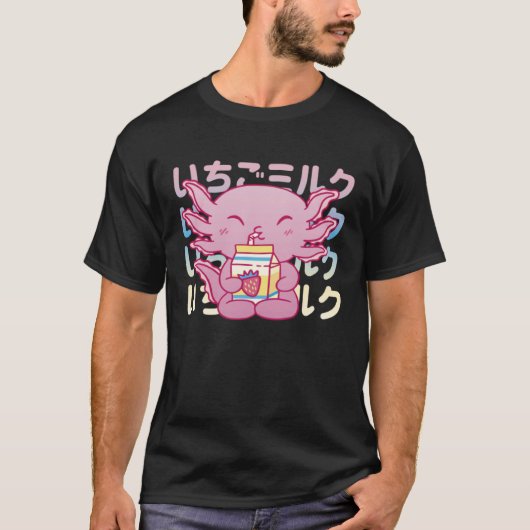 Pink Axolotl Drinking Strawberry Milk T-shirt (Voorkant)