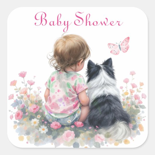 Pink Baby and Puppy Baby Shower Vierkante Sticker (Voorkant)
