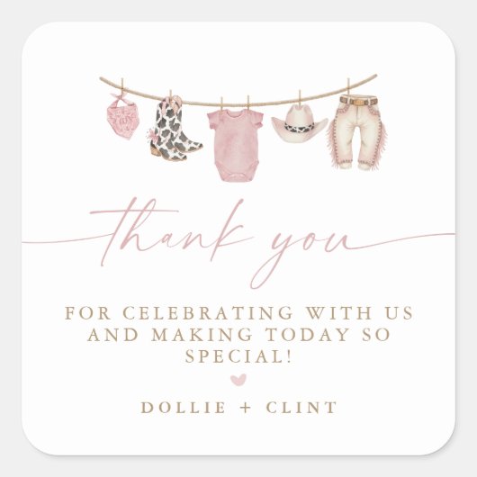 Pink Baby Clothesline Little Cowgirl Baby Shower Vierkante Sticker (Voorkant)