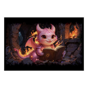 Pink Baby Dragon leest een boek Perfect Poster
