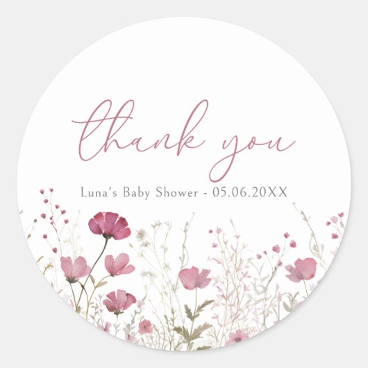 Pink Baby In Bloom Wildflower Shower Favor Sticker (Voorkant)