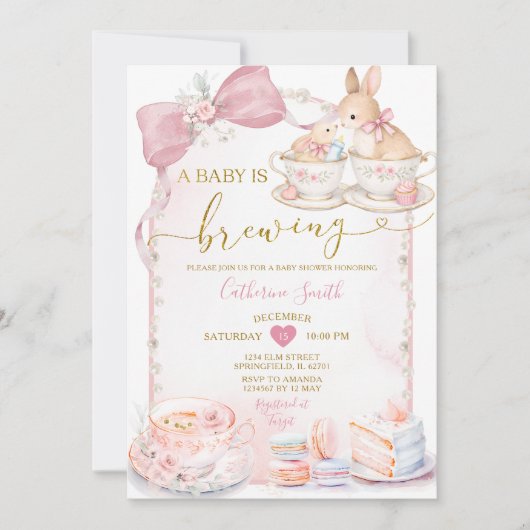 Pink Baby Is Brewing Bunny Tea Party Baby Shower Kaart (Voorkant)