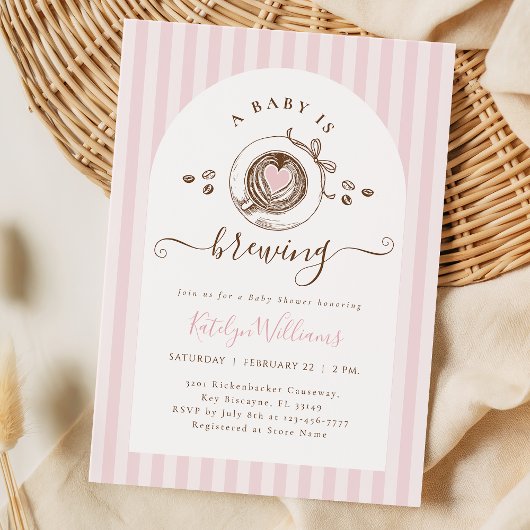 Pink Baby Is Brewing Coffee Baby Shower Invitation Kaart