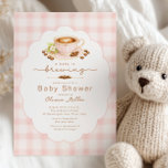 Pink Baby Is Brewing Coffee Baby Shower Invite Kaart<br><div class="desc">Celebrate a sweet little arrival with this charming “A Baby Is Brewing” baby shower invitation featuring a delicate watercolor coffee cup with latte art, scattered coffee beans, and soft florals. The gentle pink gingham background and elegant scalloped frame create a warm café-inspired look that’s perfect for a baby girl shower,...</div>
