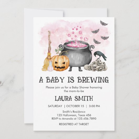 Pink Baby is Brewing Halloween Baby Shower Kaart (Voorkant)