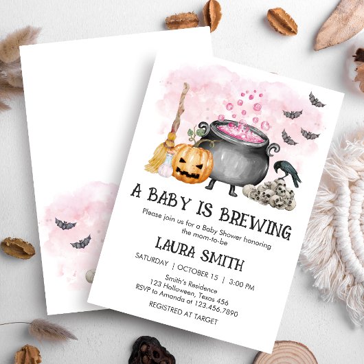 Pink Baby is Brewing Halloween Baby Shower Kaart
