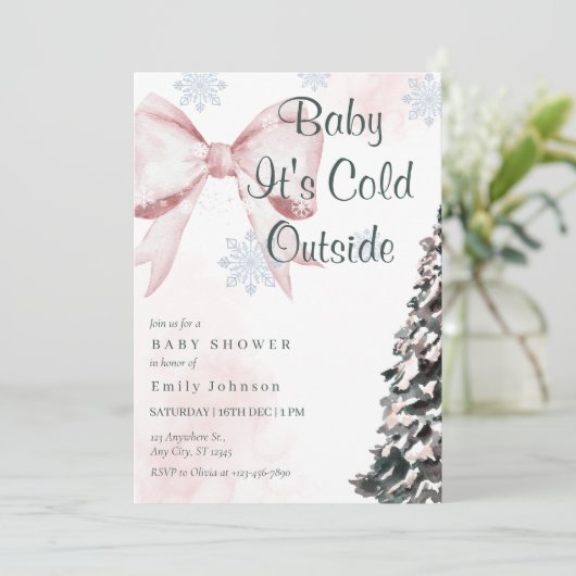 Pink Baby It's Cold Outside Bow Girl Baby Shower Kaart (Staand voorkant)