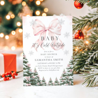 Pink Baby It's Cold Outside Bow Girl Baby Shower Kaart