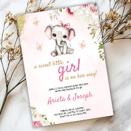 Pink baby shower invitation with a cute elephant kaart
