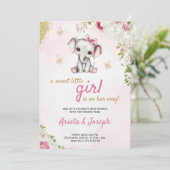 Pink baby shower invitation with a cute elephant kaart (Staand voorkant)