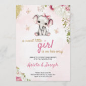 Pink baby shower invitation with a cute elephant kaart (Voorkant)