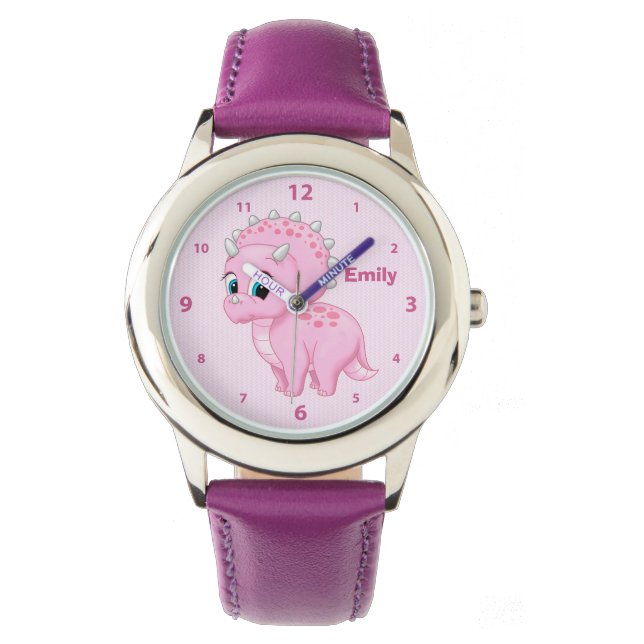 Pink Baby Triceratops Dinosaur Horloge (Voorkant)