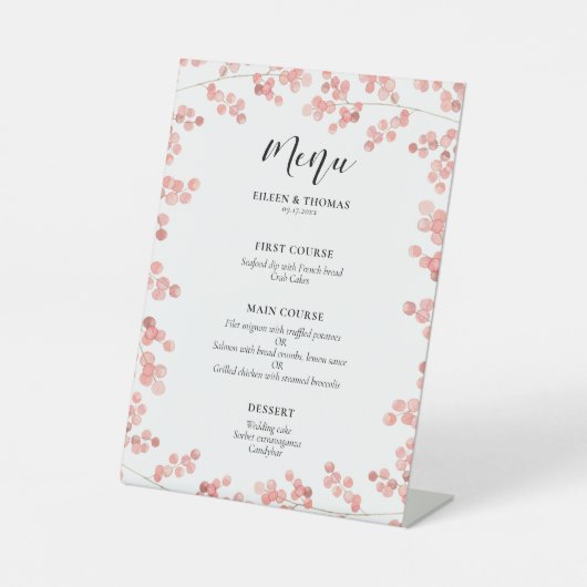 Pink Baby's Breath Bloemen huwelijksmenu Reclamebord Met Voetstuk (Voorkant)