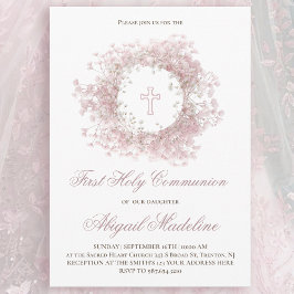 Pink Baby's Breath flowers First Holy Communion Kaart