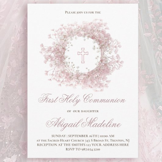Pink Baby's Breath flowers First Holy Communion Kaart