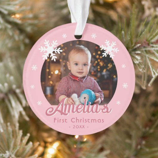 Pink Baby's eerste kerstsneeuwvlokken Foto Ornament (Boom)