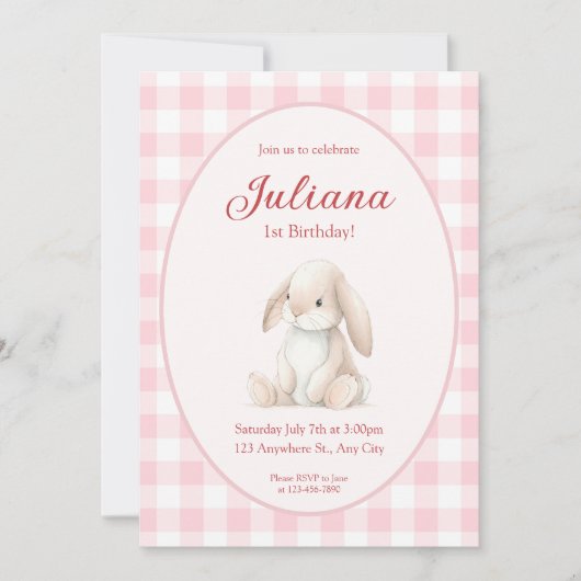 Pink Babys First Birthday Bunny Invitation Kaart (Voorkant)