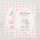 Pink Babys First Birthday Bunny Invitation Kaart (Voorkant / Achterkant)