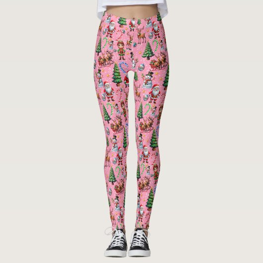 Pink Background Christmas Decorative Pattern Leggings (Voorkant)