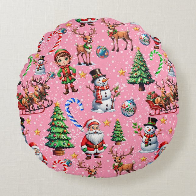 Pink Background Christmas Decorative Pattern Rond Kussen (Voorkant)