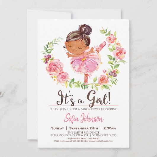 Pink Ballerina Baby shower Girl Invitation Kaart (Voorkant)