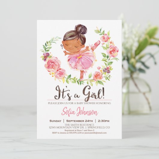 Pink Ballerina Baby shower Girl Invitation Kaart (Staand voorkant)